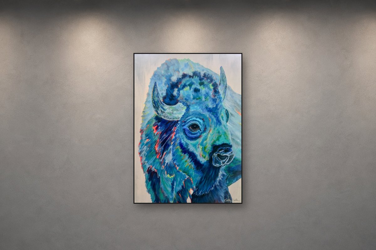 American Blue, a blue bison painting by Cathy Keith, 16 x 20 in, shown on a gallery wall