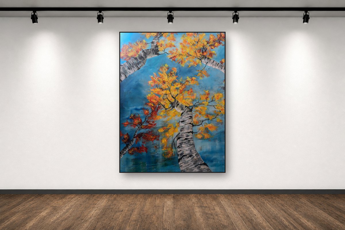 Autumn Canopy, an original acrylic painting by Cathy Keith (sold), displayed in a gallery setting