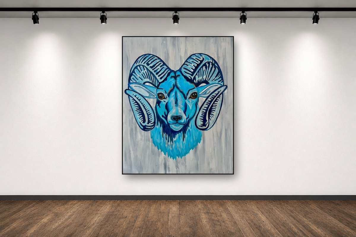 Bighorn Blues, an original acrylic painting by Cathy Keith (sold), displayed in a gallery setting