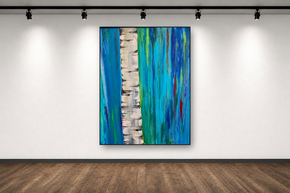 Birch Rain, an original acrylic painting by Cathy Keith (sold), displayed in a gallery setting