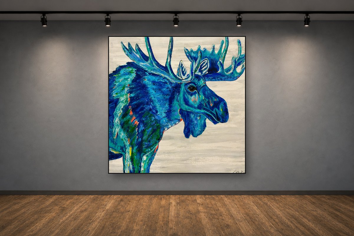 Blue Majesty, a blue moose painting by Cathy Keith (sold), displayed in a gallery setting