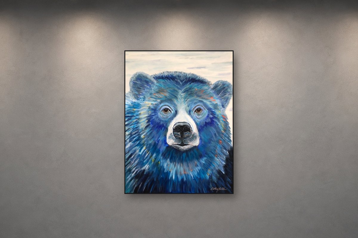 Blue Ursa, an original acrylic painting by Cathy Keith, 16 x 24 in, shown on a gallery wall