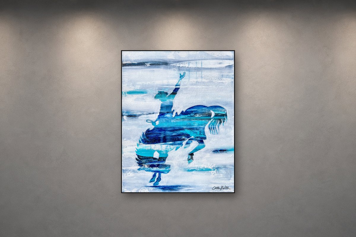 Bucking Blue, an original acrylic painting by Cathy Keith, 11 x 14 in, shown on a gallery wall