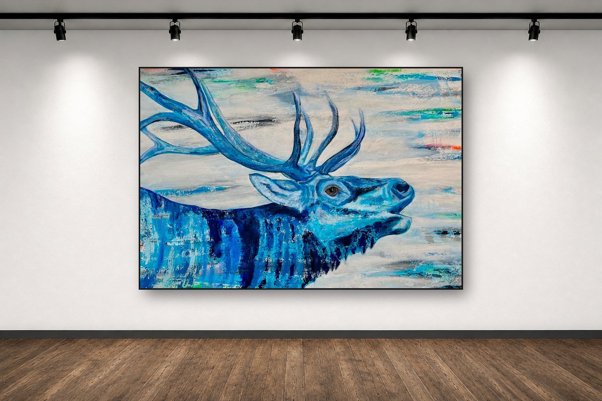 Bugling Blue, an original acrylic painting by Cathy Keith (sold), displayed in a gallery setting