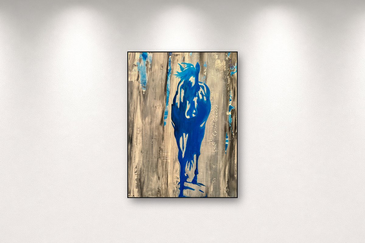 Dream Runner, an original acrylic painting by Cathy Keith, 20 x 24 in, shown on a gallery wall