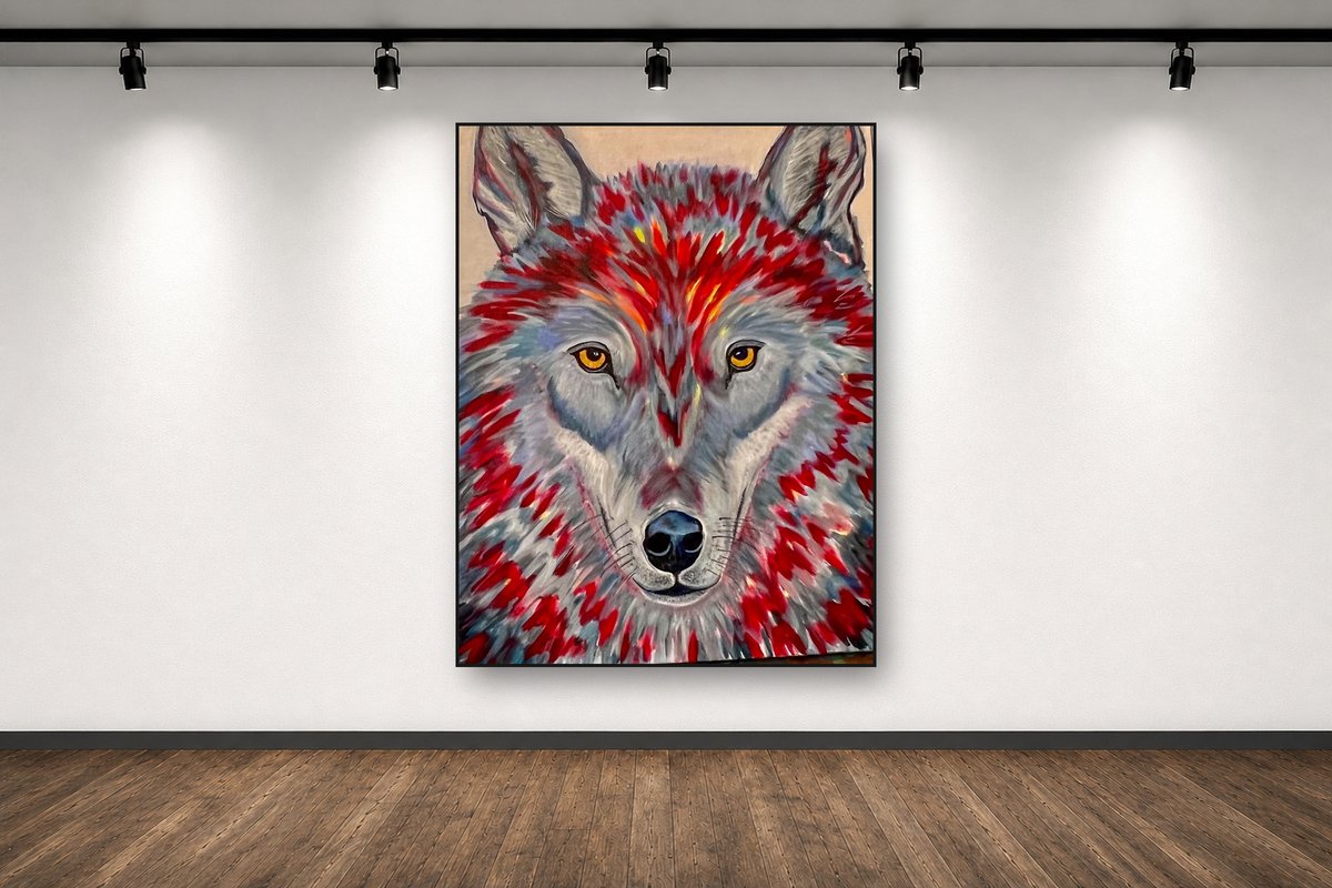 Ember Wolf, an original acrylic painting by Cathy Keith (sold), displayed in a gallery setting