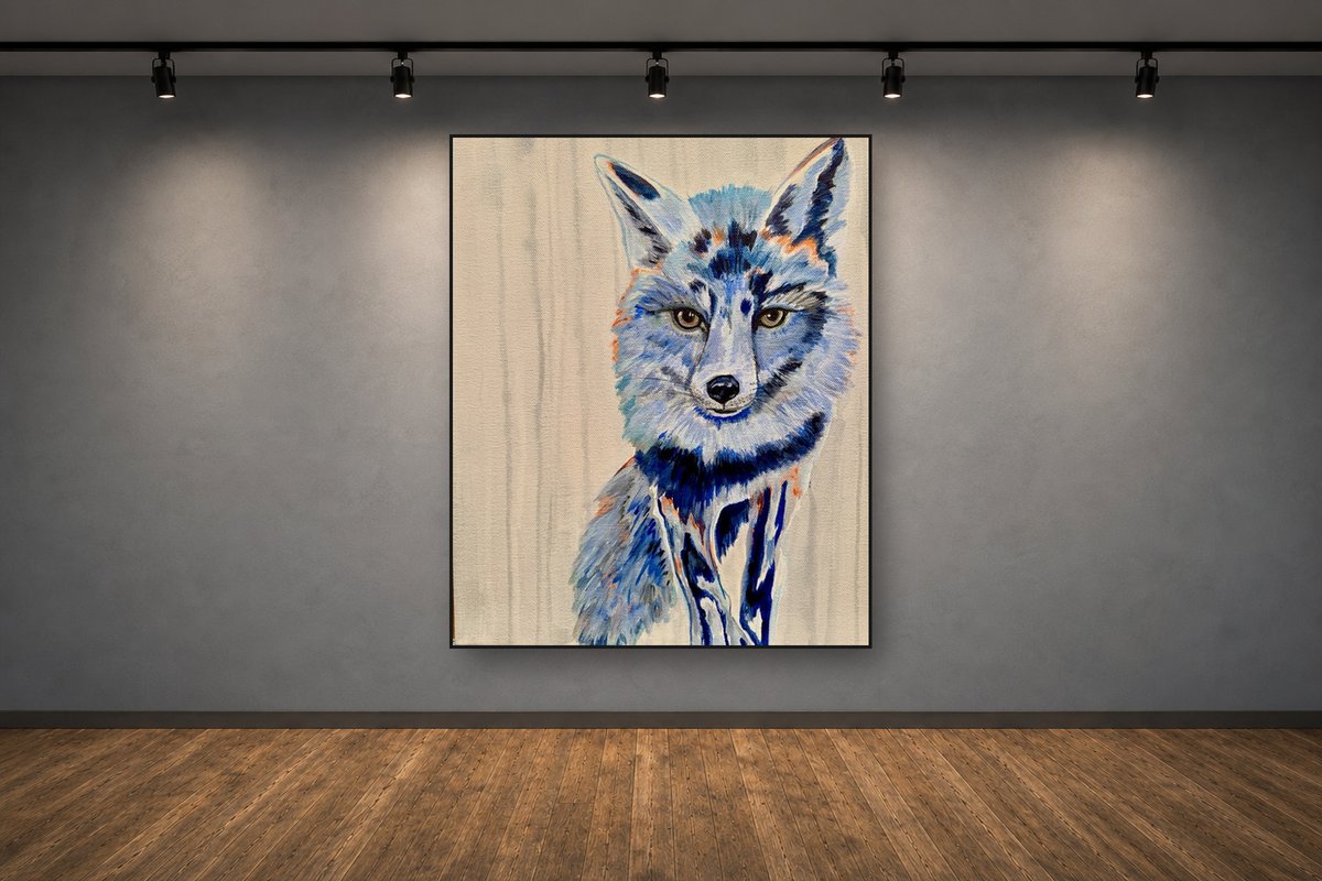 Foxfire, an original acrylic painting by Cathy Keith (sold), displayed in a gallery setting