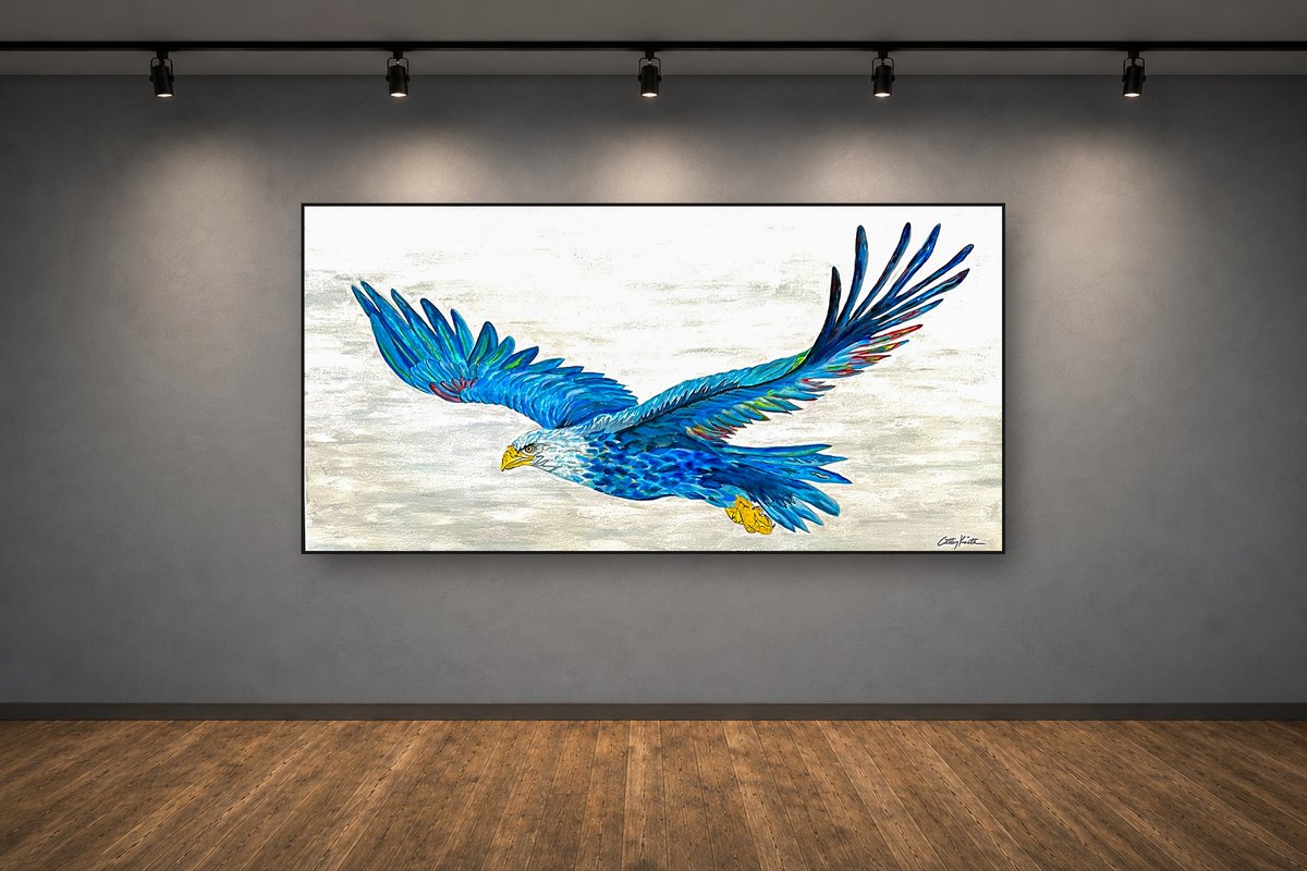 Freedom Flight, an original acrylic painting by Cathy Keith (sold), displayed in a gallery setting