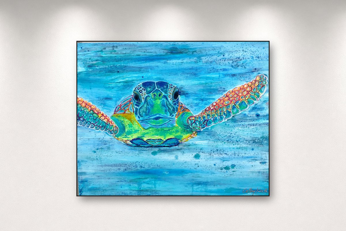 Glide, an original acrylic painting by Cathy Keith, 14 x 11 in, shown on a gallery wall