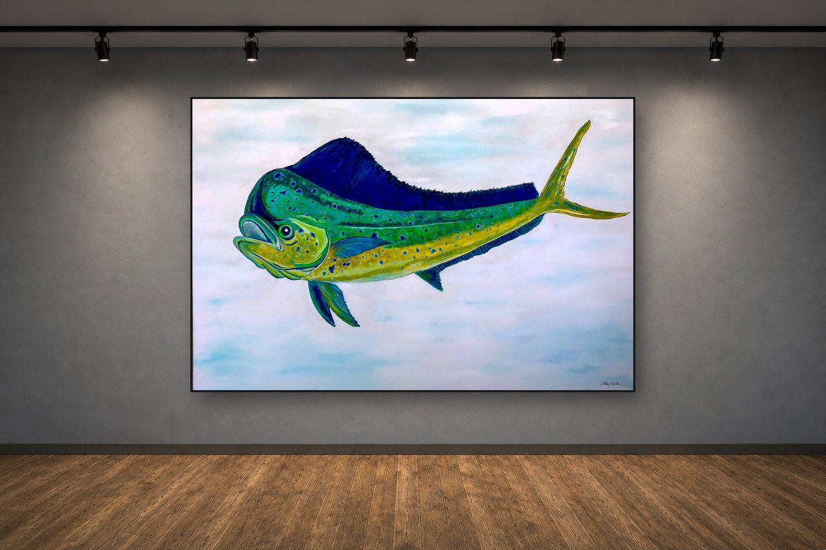 Golden Mahi, an original acrylic painting by Cathy Keith (sold), displayed in a gallery setting