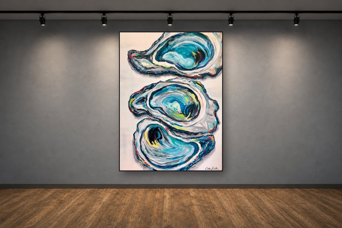 Half Shell Trio, an original acrylic painting by Cathy Keith (sold), displayed in a gallery setting