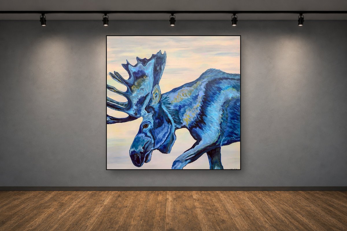 Magic Moose, an original acrylic painting by Cathy Keith (sold), displayed in a gallery setting