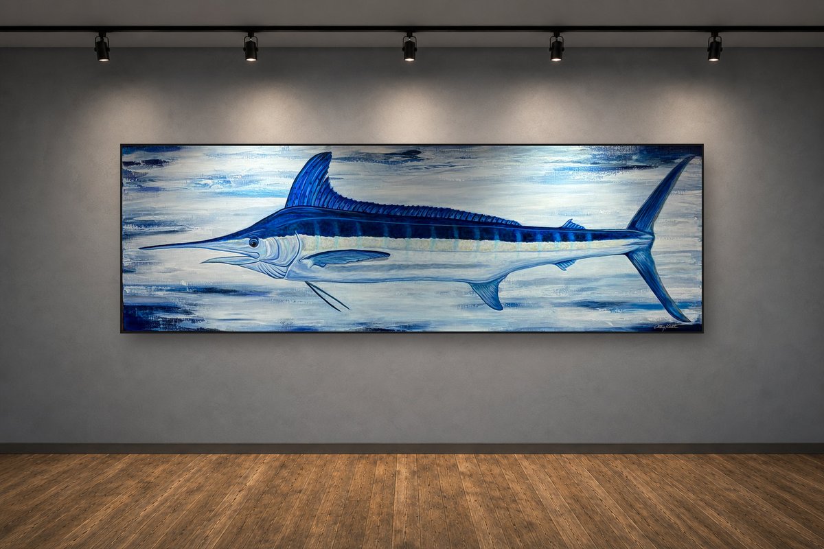Marlin Madness, an original acrylic painting by Cathy Keith (sold), displayed in a gallery setting