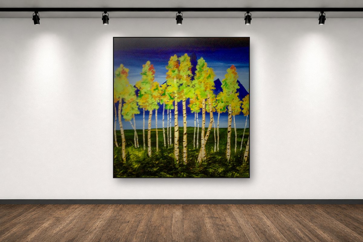 Mountain Gold, an original acrylic painting by Cathy Keith (sold), displayed in a gallery setting