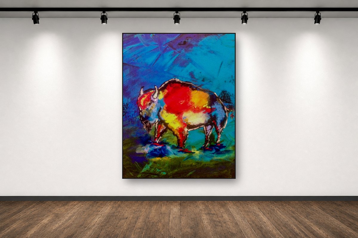 Prairie Fire, an original acrylic painting by Cathy Keith (sold), displayed in a gallery setting