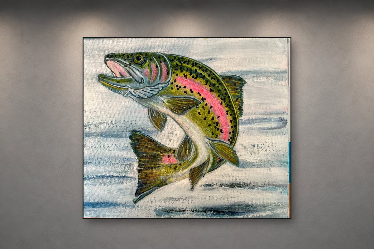 Rainbow Run, an original acrylic painting by Cathy Keith, 14 x 11 in, shown on a gallery wall