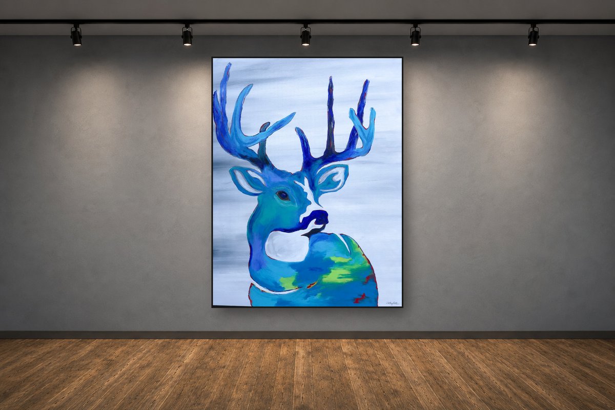 Regal Blue, an original acrylic painting by Cathy Keith (sold), displayed in a gallery setting