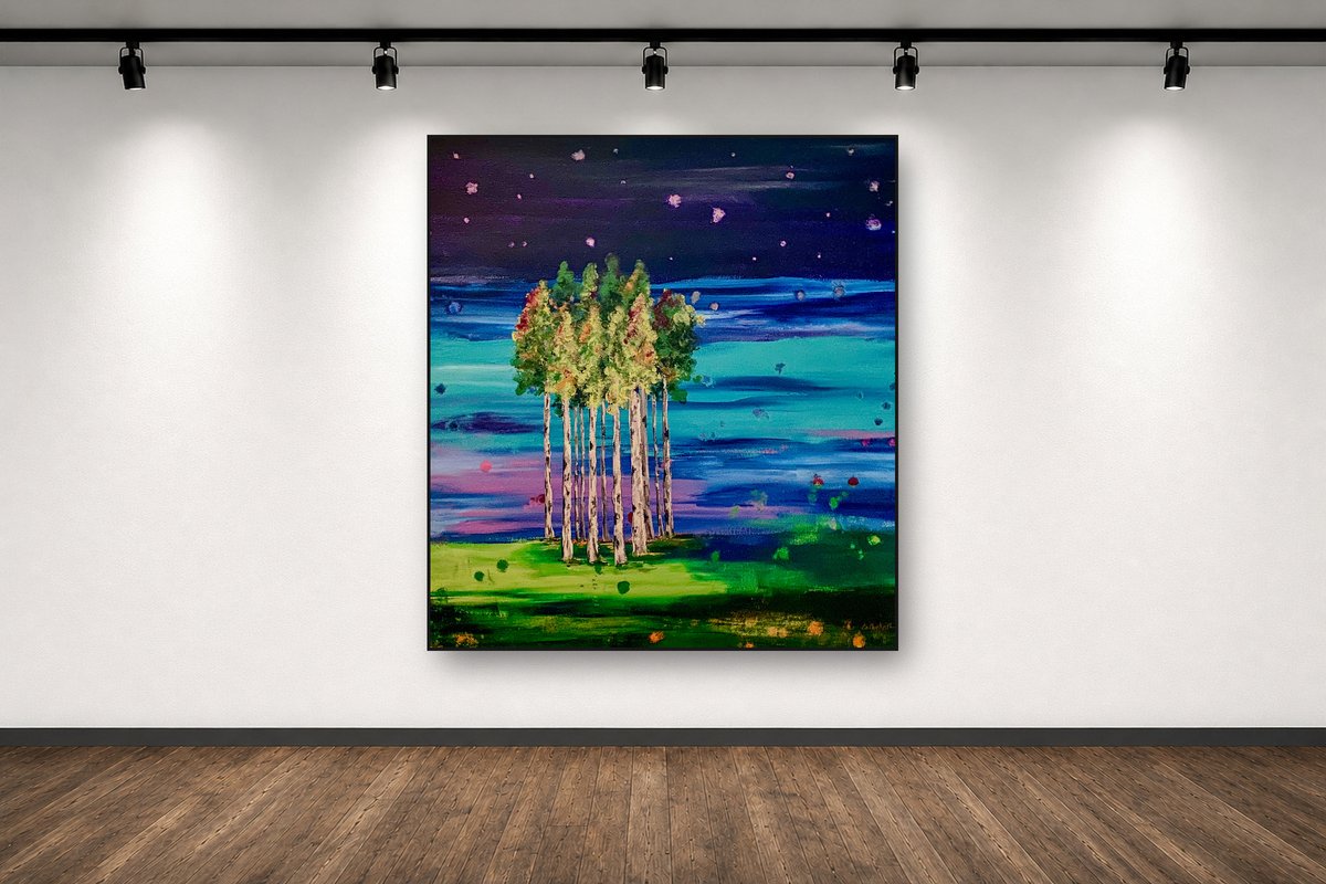 Starlit Stand, an original acrylic painting by Cathy Keith (sold), displayed in a gallery setting