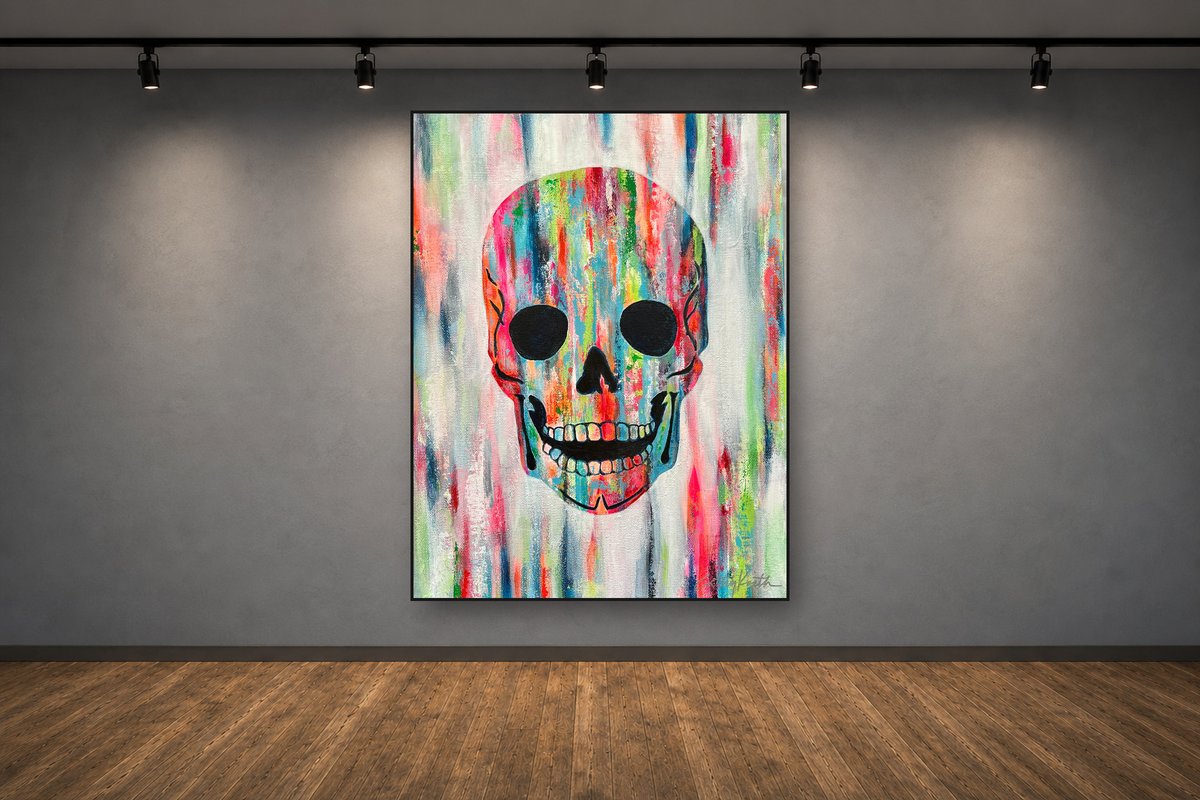 Technicolor Grin, an original acrylic painting by Cathy Keith (sold), displayed in a gallery setting