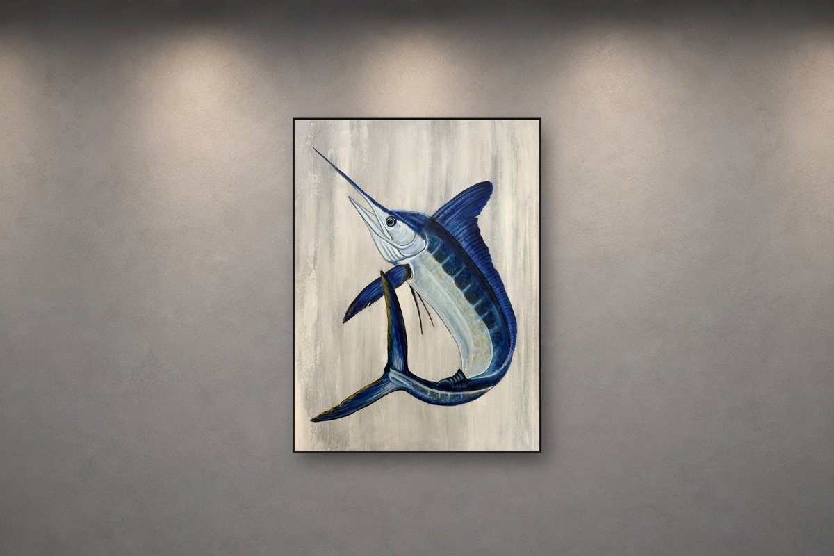 White Lightning, an original acrylic painting by Cathy Keith, 18 x 24 in, shown on a gallery wall