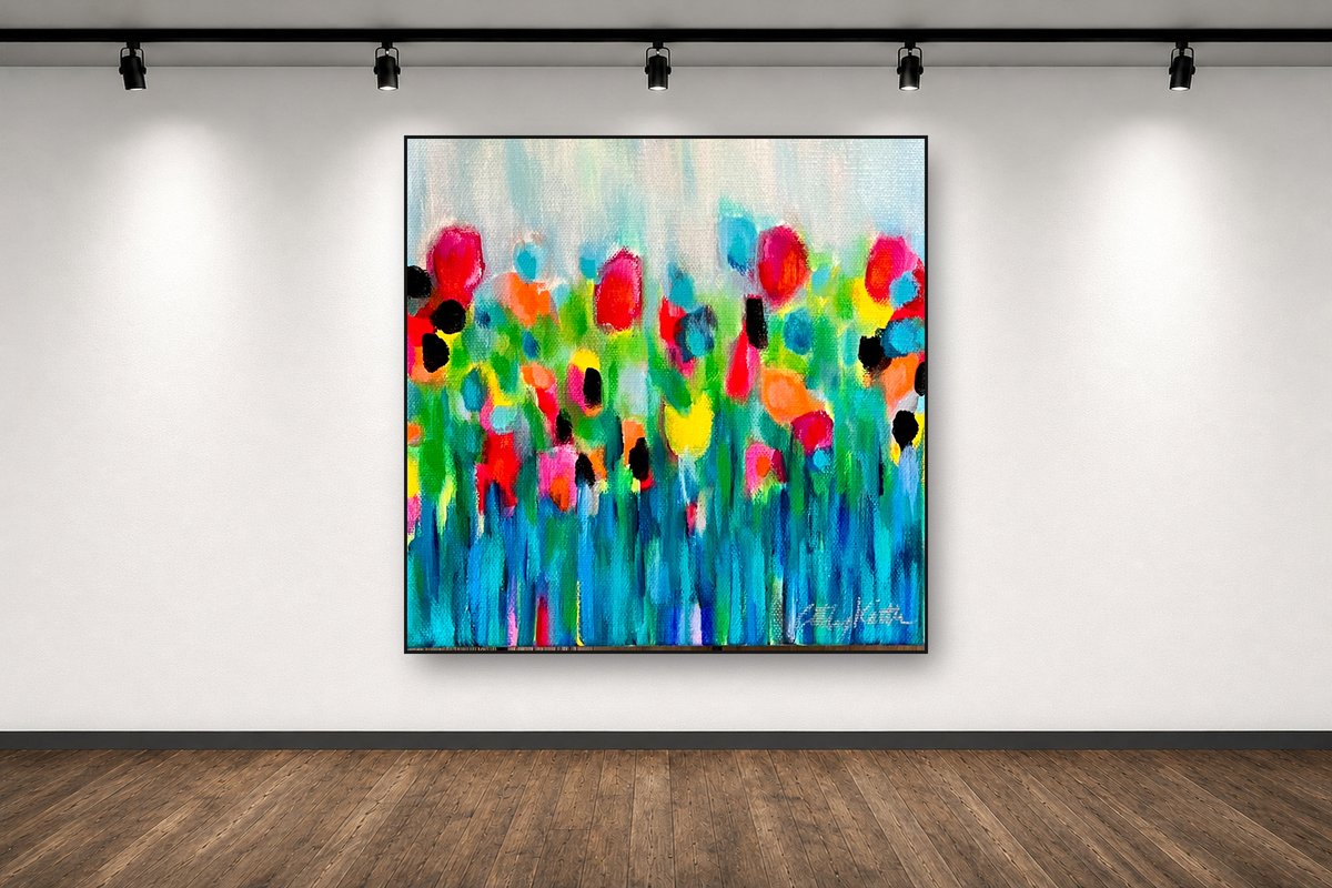 Wildflower Confetti, an original acrylic painting by Cathy Keith (sold), displayed in a gallery setting